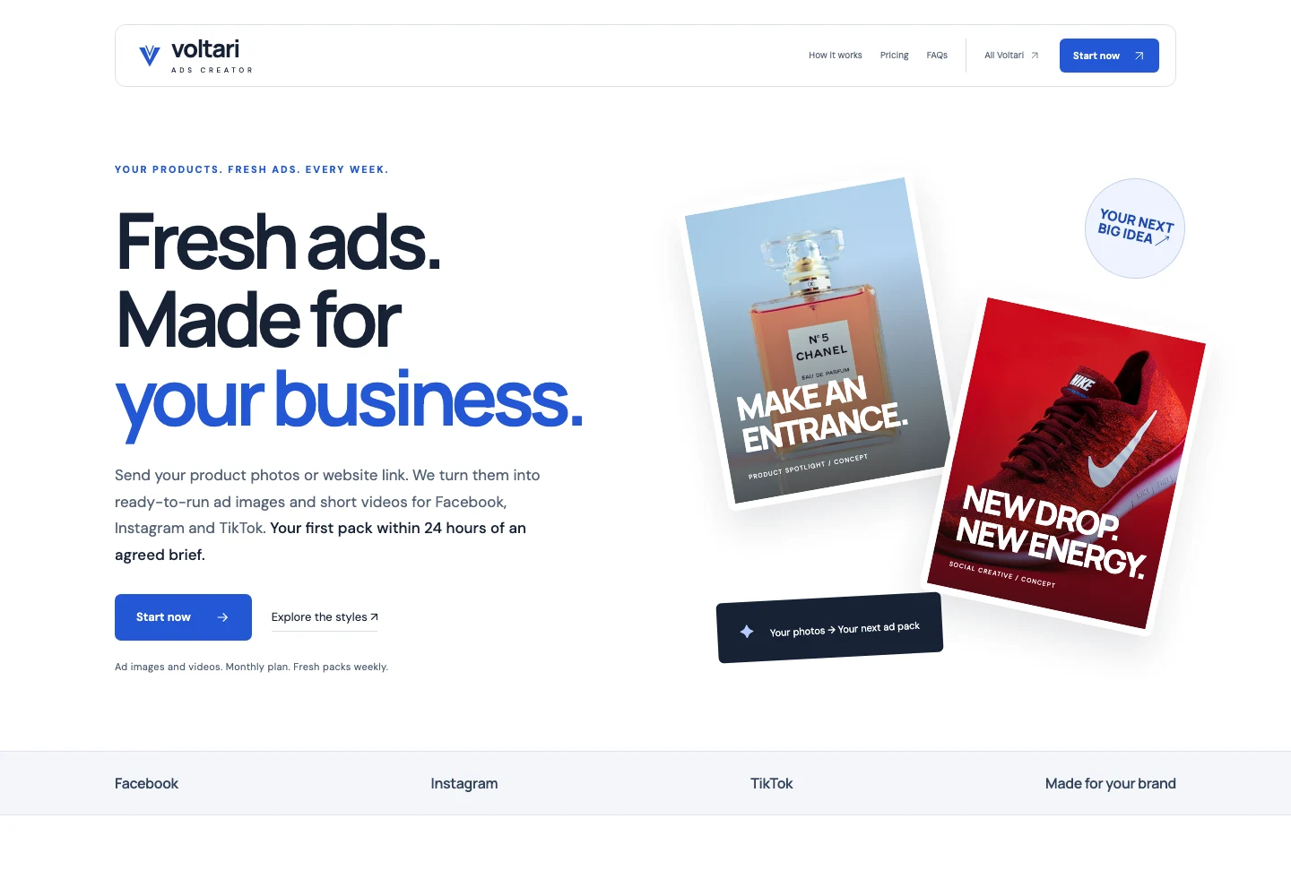 Voltari Ads Creator actual website homepage snapshot